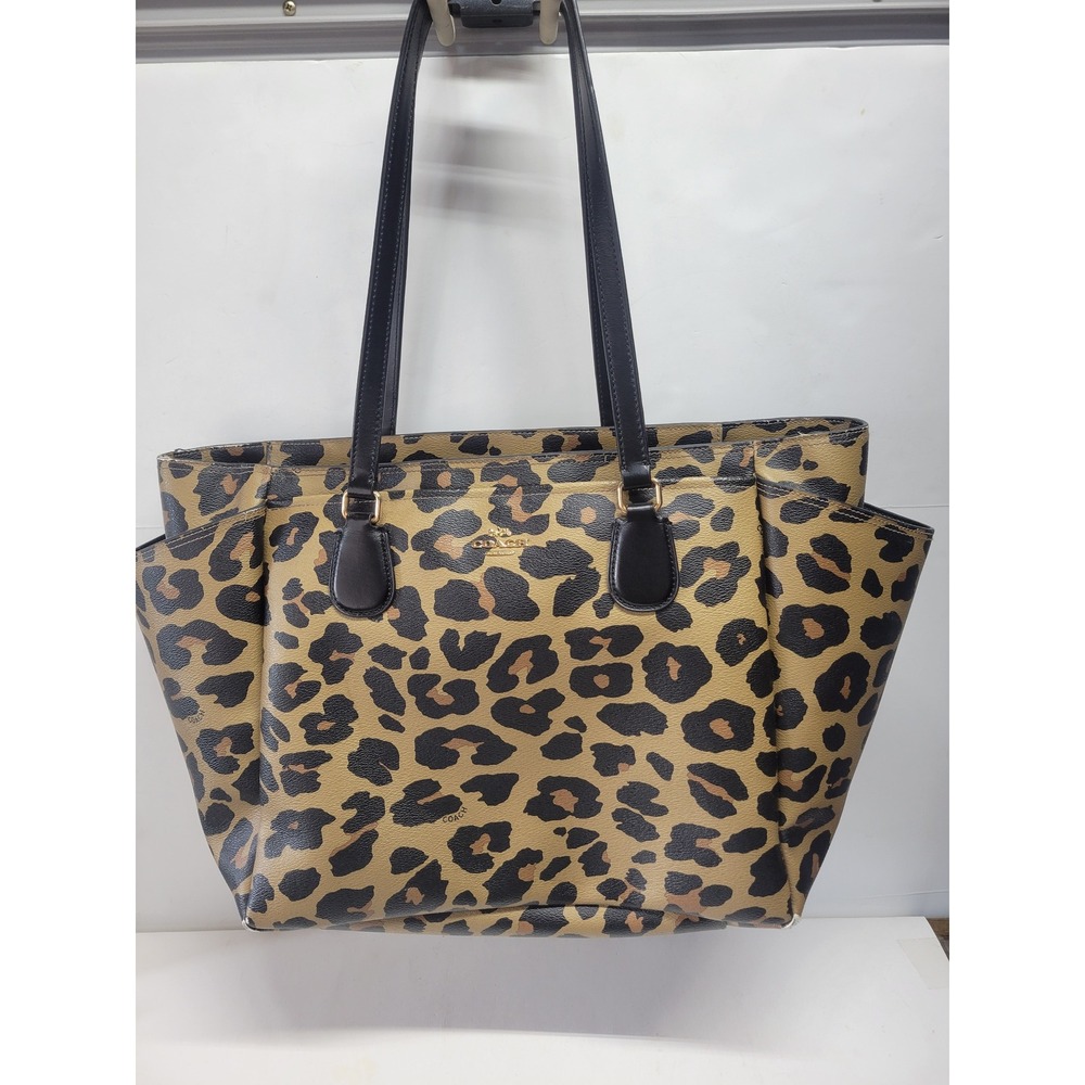 Coach Leopard Print Tote‎ Bag Black Leather Straps purse
